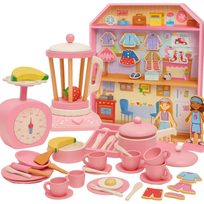 100+ Pieces | Wooden Pretend Play Mega Bundle | Kitchen & Dollhouse Set for Classrooms