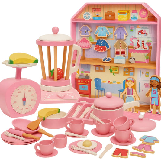 100+ Pieces | Wooden Pretend Play Mega Bundle | Kitchen & Dollhouse Set for Classrooms